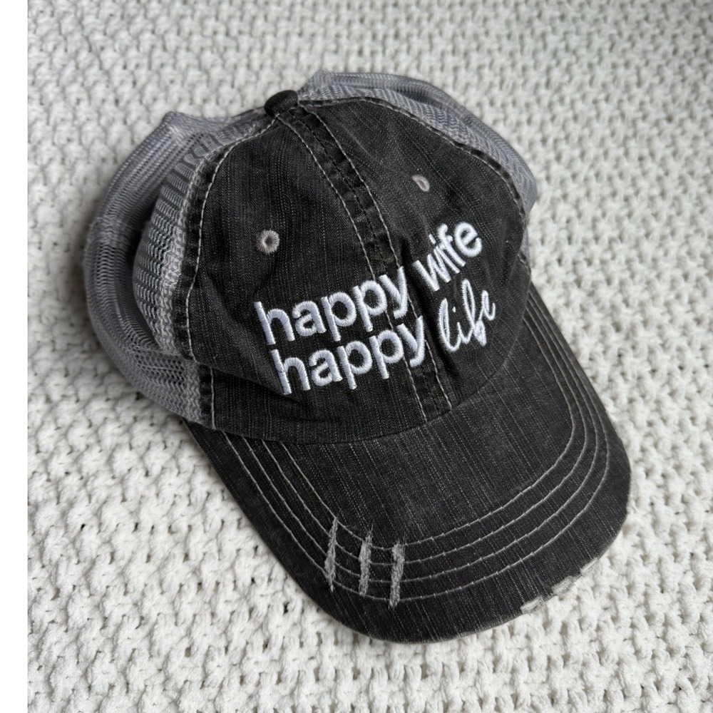 Happy Wife Happy Life Trucker Hat Distressed Black Denim Grey Mesh Baseball Cap